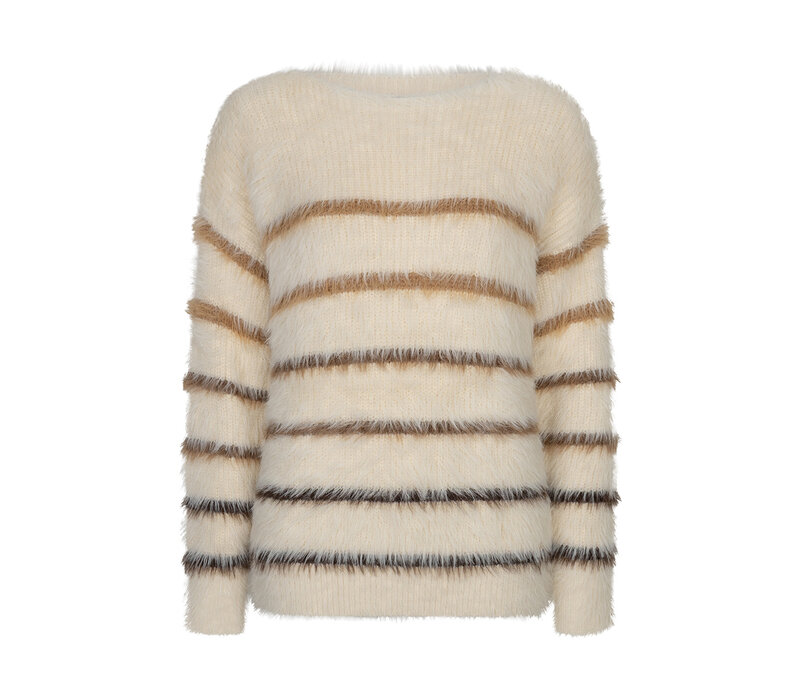 Red Button Fuzzy Sweater & Stripe Creme Brown