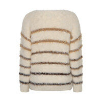 Red Button Fuzzy Sweater & Stripe Creme Brown