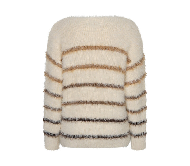 Red Button Fuzzy Sweater & Stripe Creme Brown