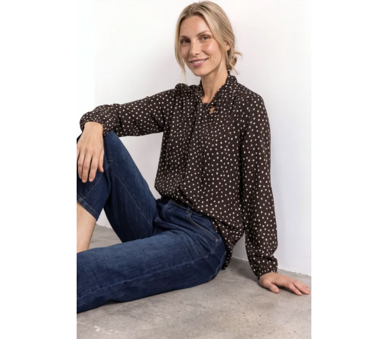 Street One Printed Blouse with Tie Detail Black Coffee
