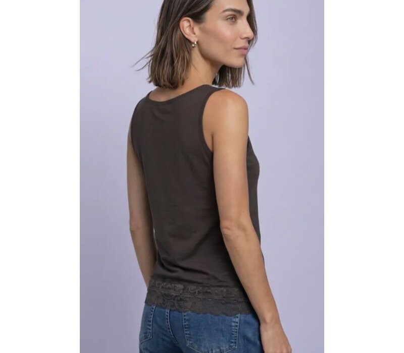 Street One Basic Top with Lace Cuff Black Coffee