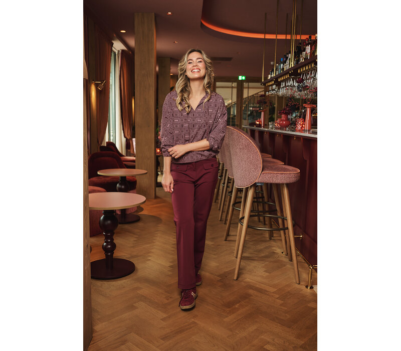 Zoso Print Travel Blouse Mauve Bordeaux