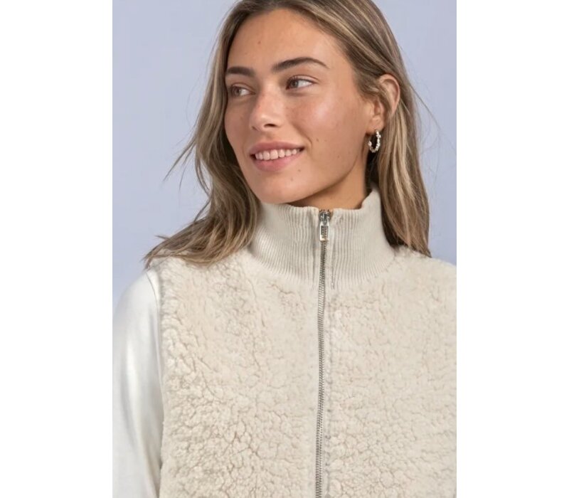 Street One Curly Fake Fur Vest with Knit Rib Smooth Stone Sand