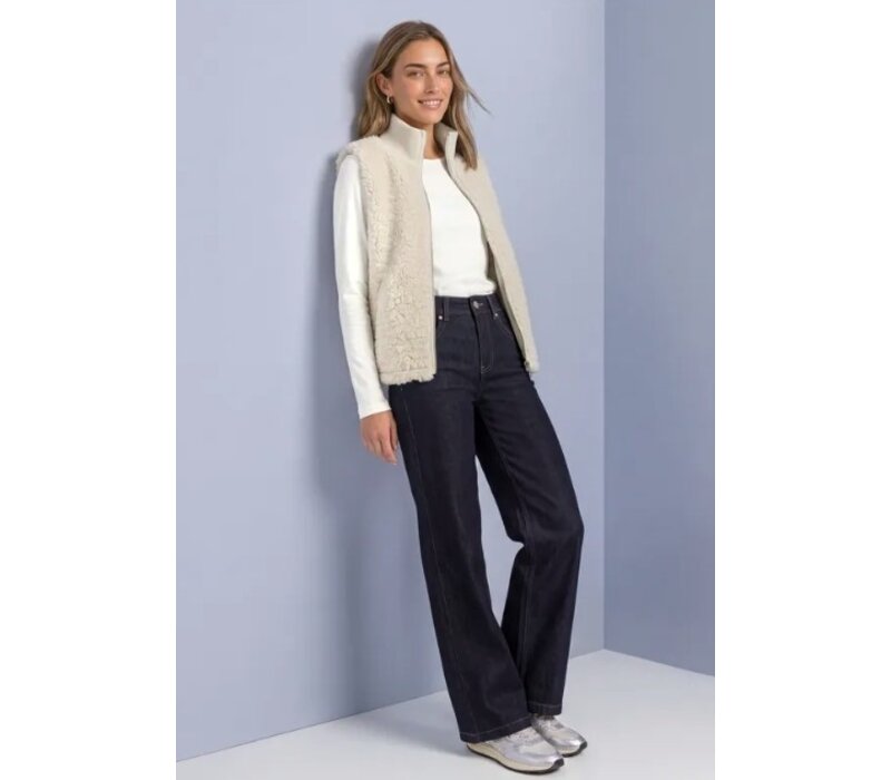 Street One Curly Fake Fur Vest with Knit Rib Smooth Stone Sand