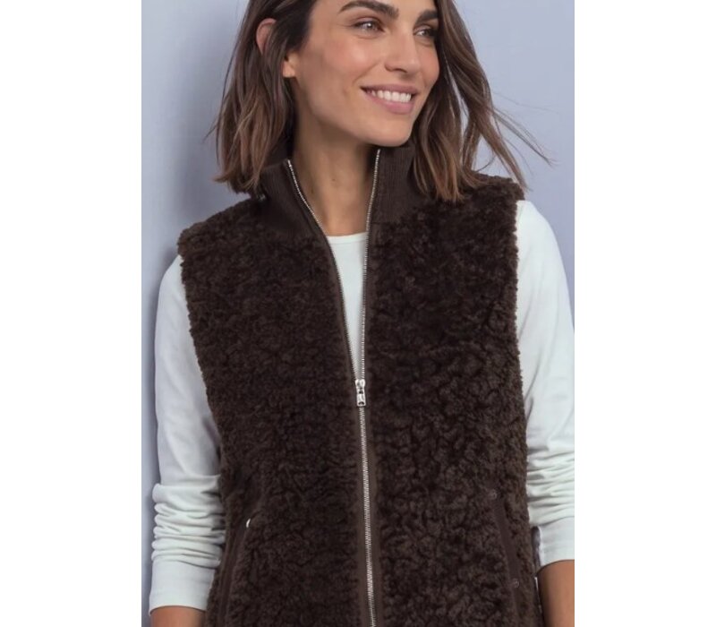 Street One Curly Fake Fur Vest with Knit Rib Auburn Brown