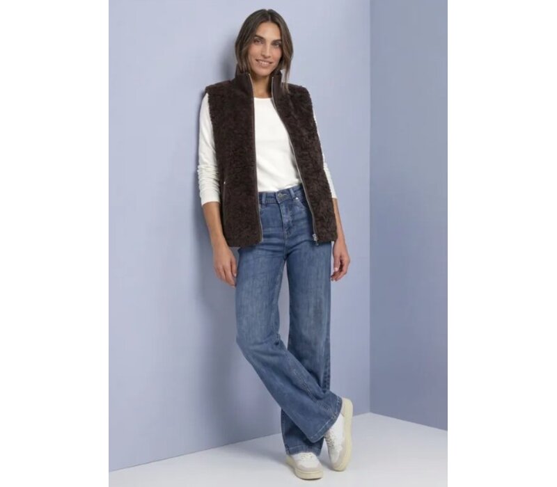 Street One Curly Fake Fur Vest with Knit Rib Auburn Brown