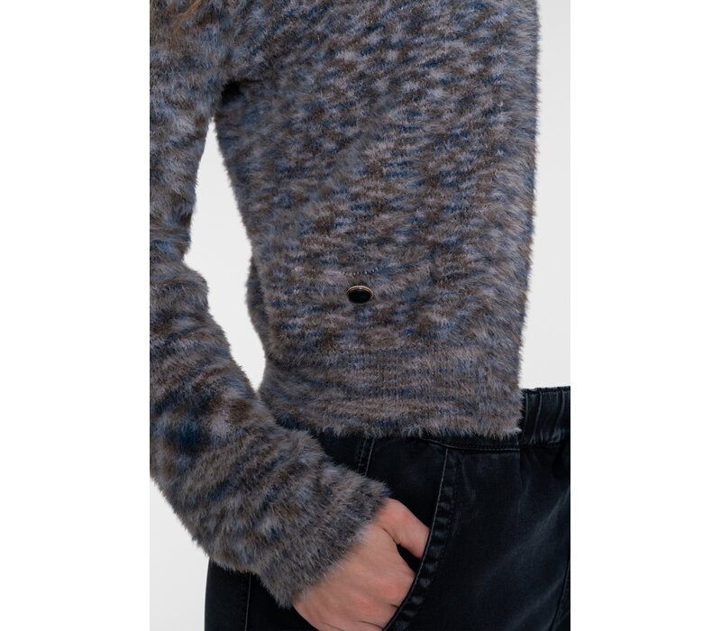 Geisha Round Neck Hairy Cardigan Brown Blue