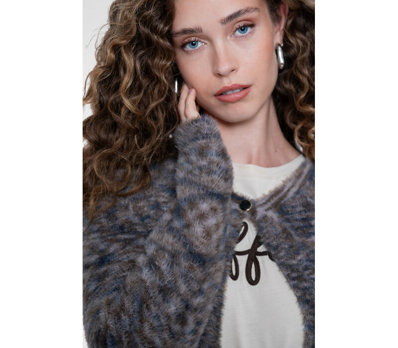 Geisha Round Neck Hairy Cardigan Brown Blue