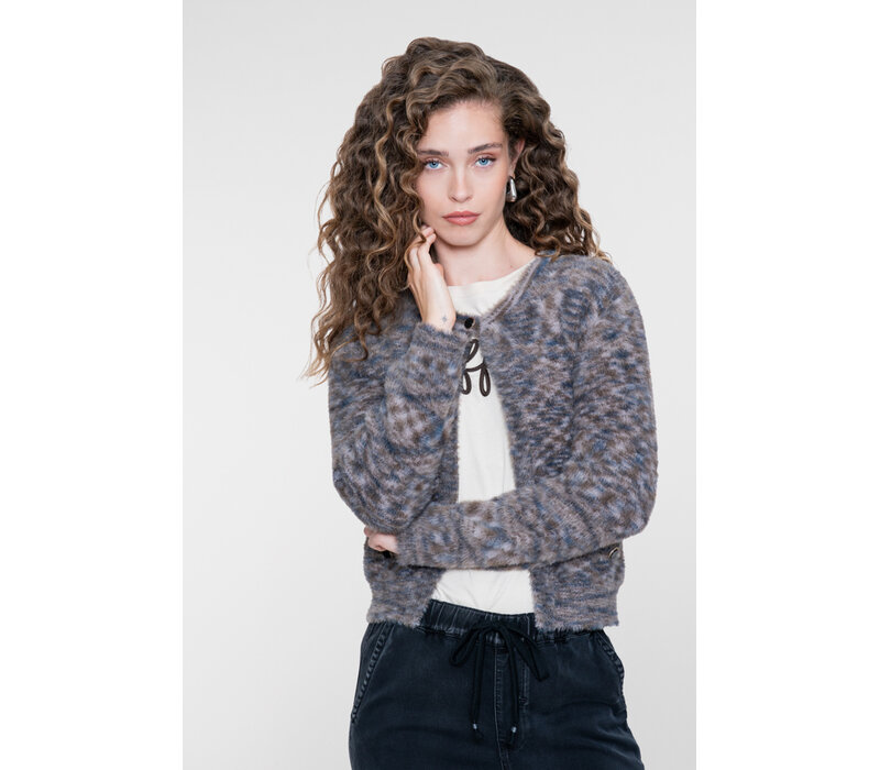 Geisha Round Neck Hairy Cardigan Brown Blue