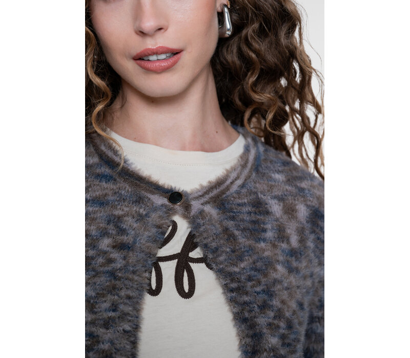 Geisha Round Neck Hairy Cardigan Brown Blue