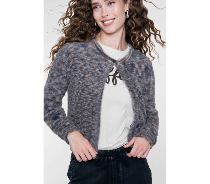 Geisha Round Neck Hairy Cardigan Brown Blue
