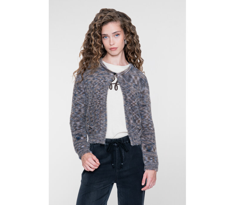 Geisha Round Neck Hairy Cardigan Brown Blue