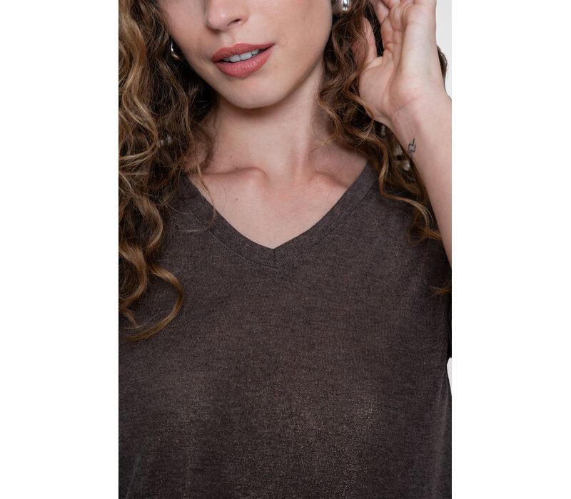 Geisha Top Jersey V Neck with Foil Dark Brown