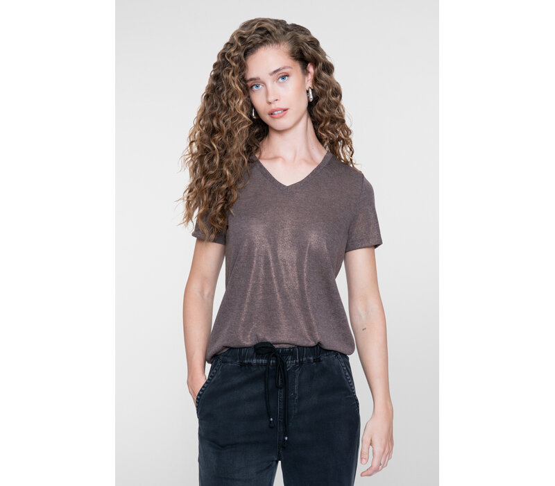 Geisha Top Jersey V Neck with Foil Dark Brown