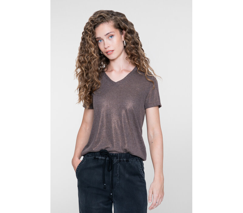 Geisha Top Jersey V Neck with Foil Dark Brown
