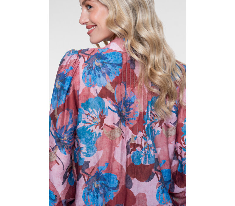 Geisha Blouse with Flowers and Pleats Blue Light Pink Burgundy