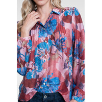 Geisha Blouse with Flowers and Pleats Blue Light Pink Burgundy