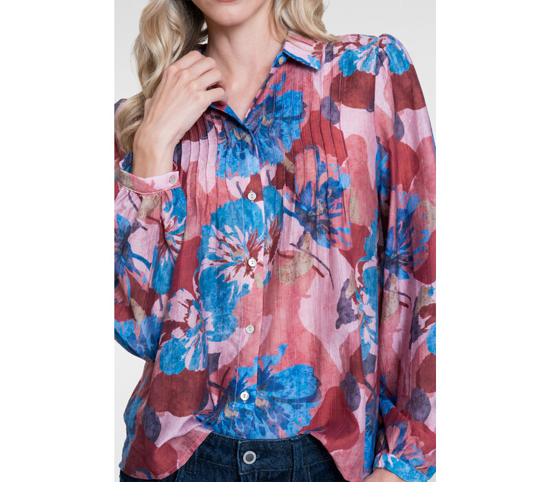 Geisha Blouse with Flowers and Pleats Blue Light Pink Burgundy