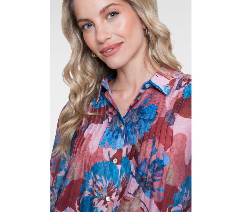 Geisha Blouse with Flowers and Pleats Blue Light Pink Burgundy
