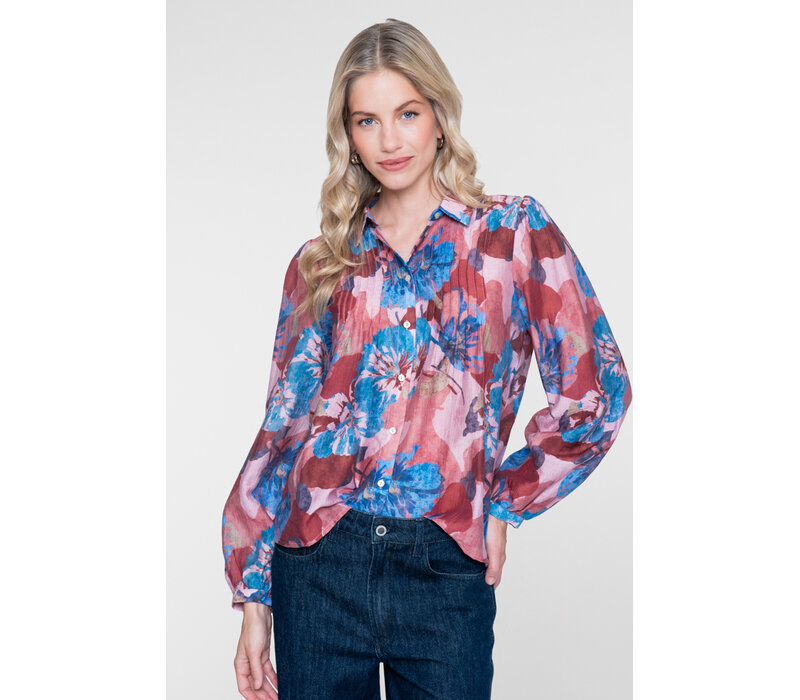 Geisha Blouse with Flowers and Pleats Blue Light Pink Burgundy