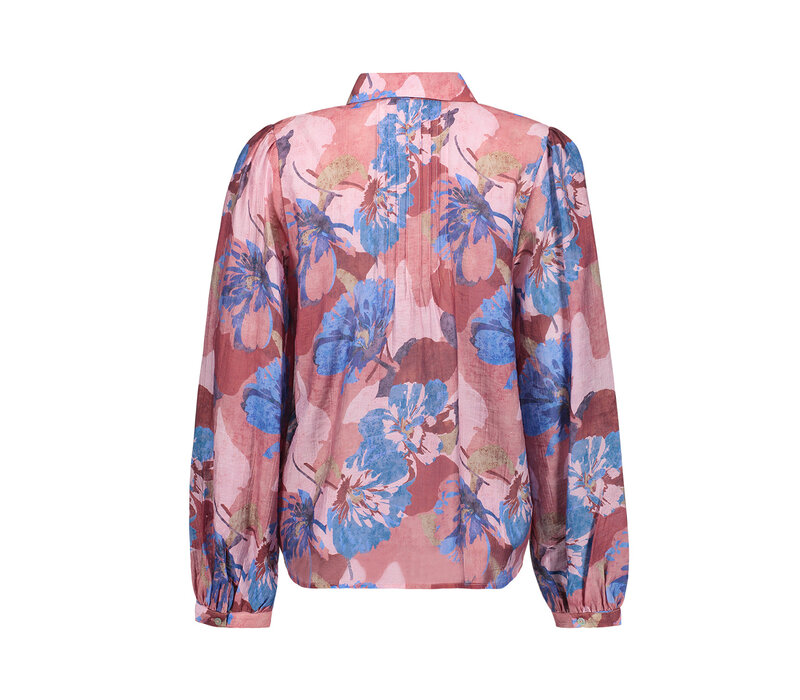 Geisha Blouse with Flowers and Pleats Blue Light Pink Burgundy