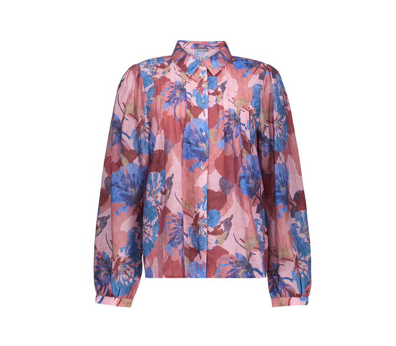 Geisha Blouse with Flowers and Pleats Blue Light Pink Burgundy