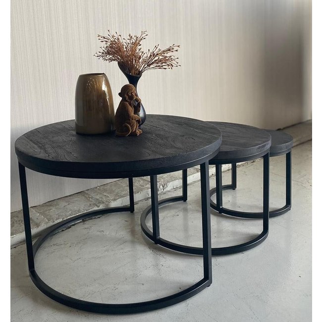 Benoa Set van 3 bijzettafels mango zwart met zwart onderstel