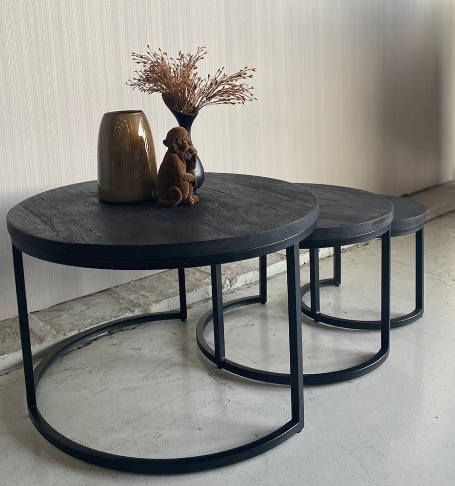 levandeo Set van 3 bijzettafels, metaal, metalen mand, zwart, mango, salontafel, houten deksel, decoratieve opslag, design tafel
