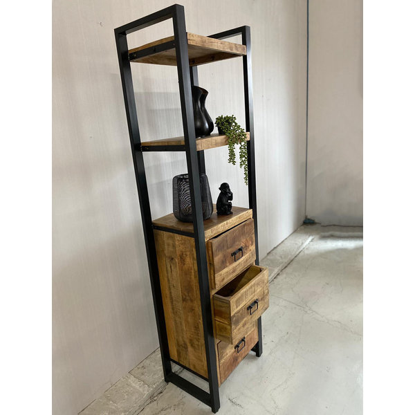 Boekenkast industrial mango met 3 lades Gratis Houten