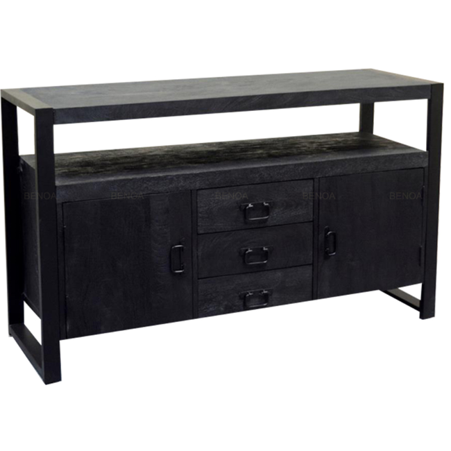 Benoa Dressoir industrial 2 deurs zwart mango met 3 lades