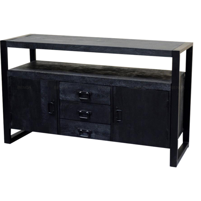 Benoa Dressoir industrial 2 deurs zwart mango met 3 lades