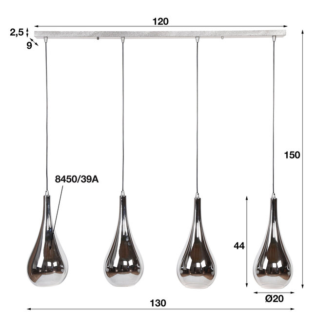 Hanglamp 4L silver drop glass