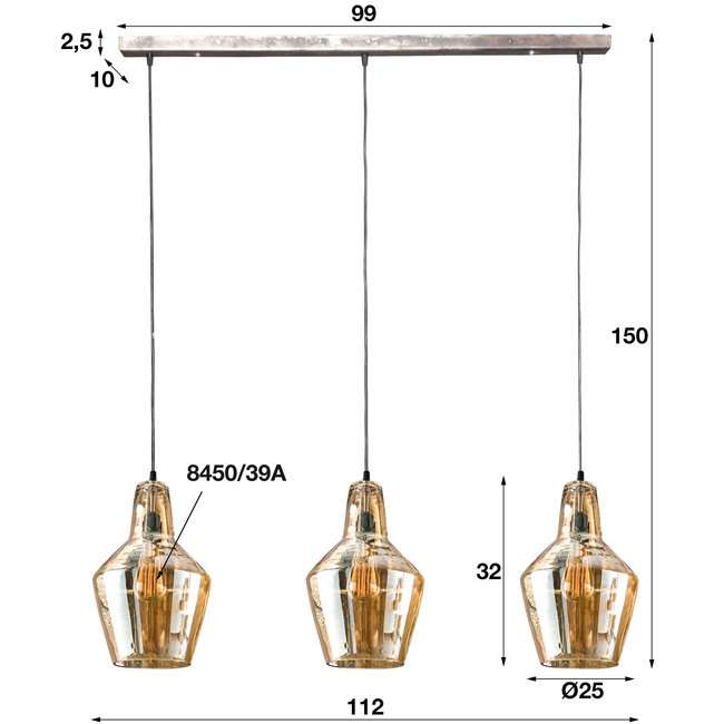 WoonStijl Hanglamp 3L amber glas kegel / Oud zilver