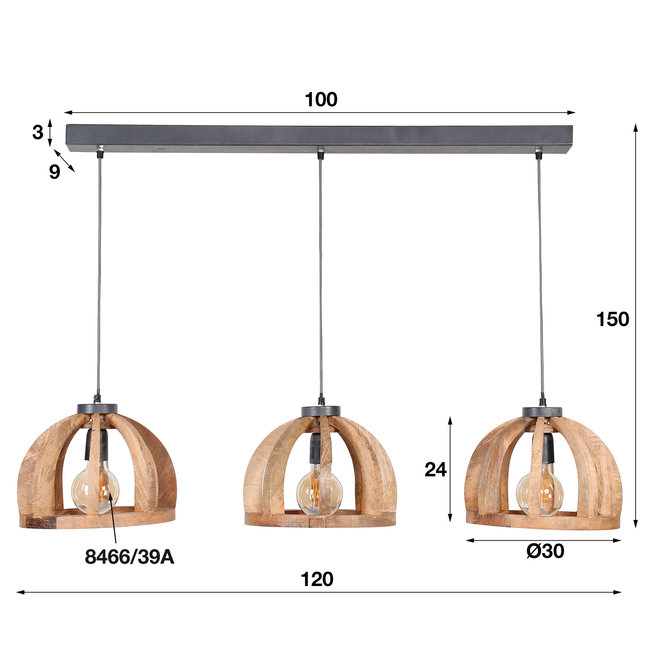 WoonStijl Hanglamp 3x Ø30 gebogen houten spijlen