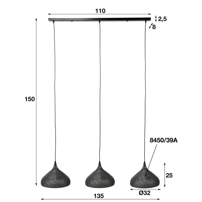 WoonStijl Hanglamp 3xØ32 Punch Trechter