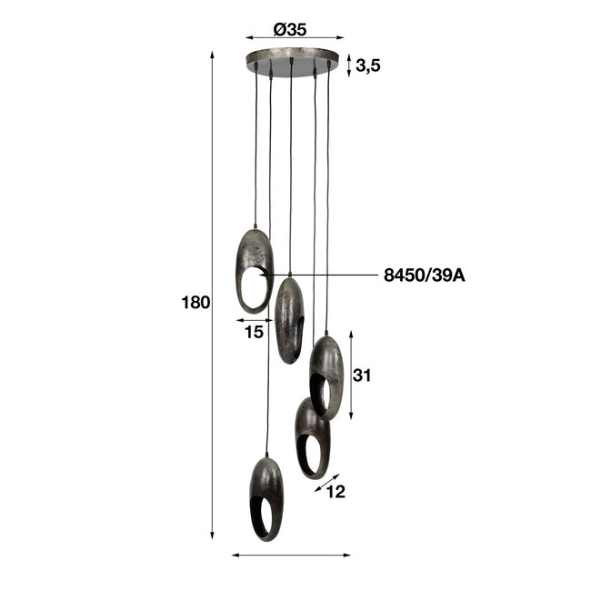 WoonStijl Hanglamp 5L open oog getrapt / Oud zilver
