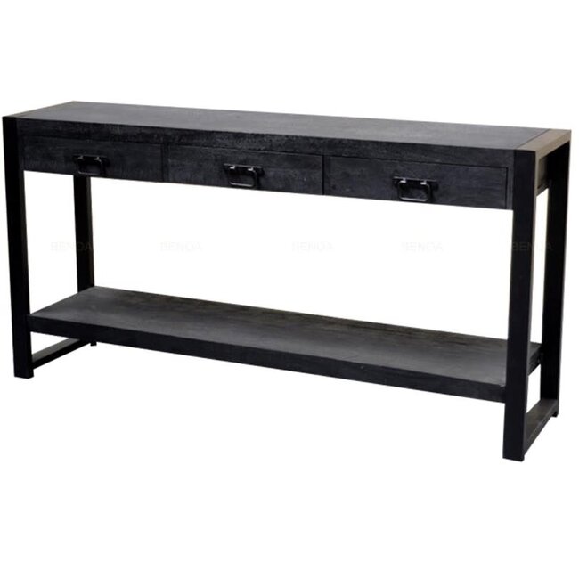 Benoa Sidetable zwart mango met 3 lades en onderblad 150 cm