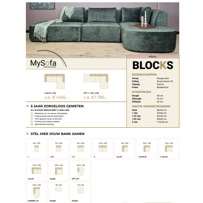MySofa Hoekbank Blocks | Ottomane + 90 cm + longchair  | Clay 84 - Showroommodel