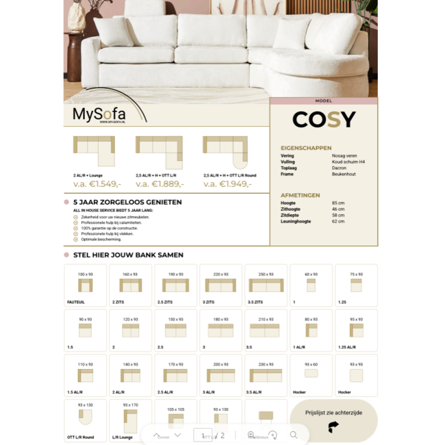 MySofa Hoekbank Cosy | 2,5 zits arm links + hoek + ottomane rond  | Trenza 15 - Showroommodel