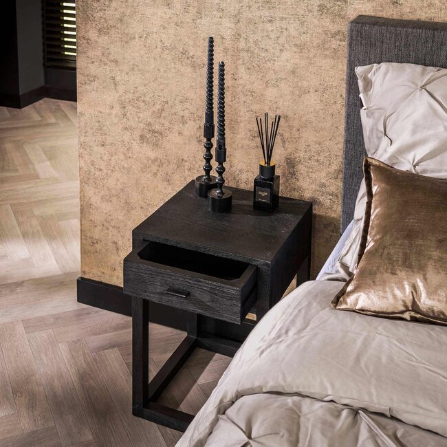 WoonStijl Nachtkastje Square zwart acacia met 1 lade