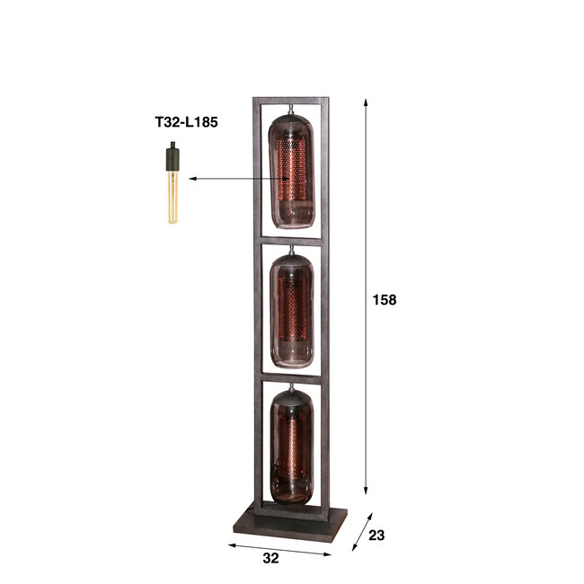 WoonStijl Vloerlamp 3L tower smoke glas-geperforeerd staal