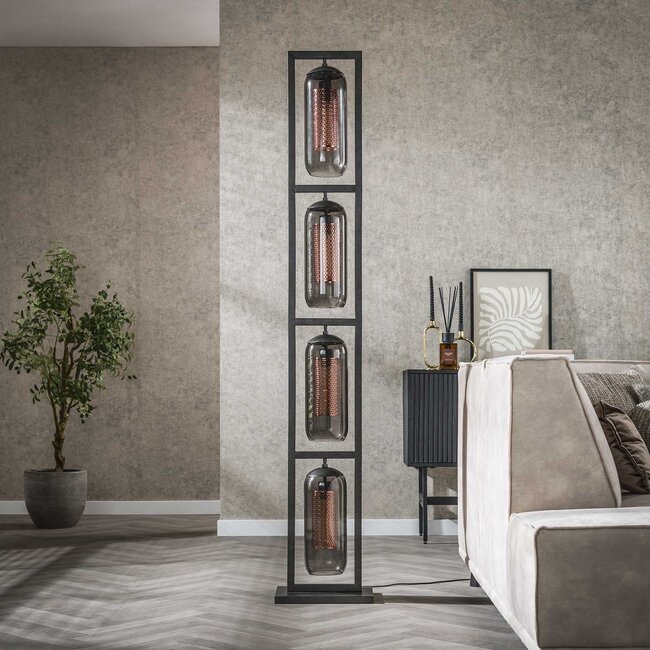 WoonStijl Vloerlamp 4L tower smoke glas-geperforeerd staal