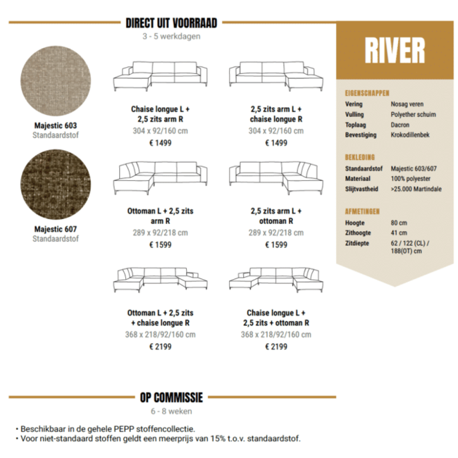 Pepp Bank River U opstelling met chaise longue links in Majestic 607