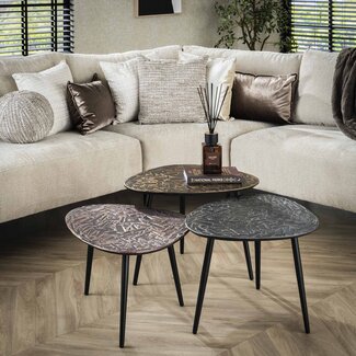 WoonStijl Salontafel set van 3 driehoekig patina metaal - koper, brons, zilver