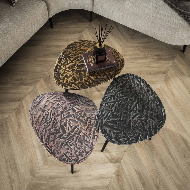 WoonStijl Salontafel set van 3 driehoekig patina metaal - koper, brons, zilver
