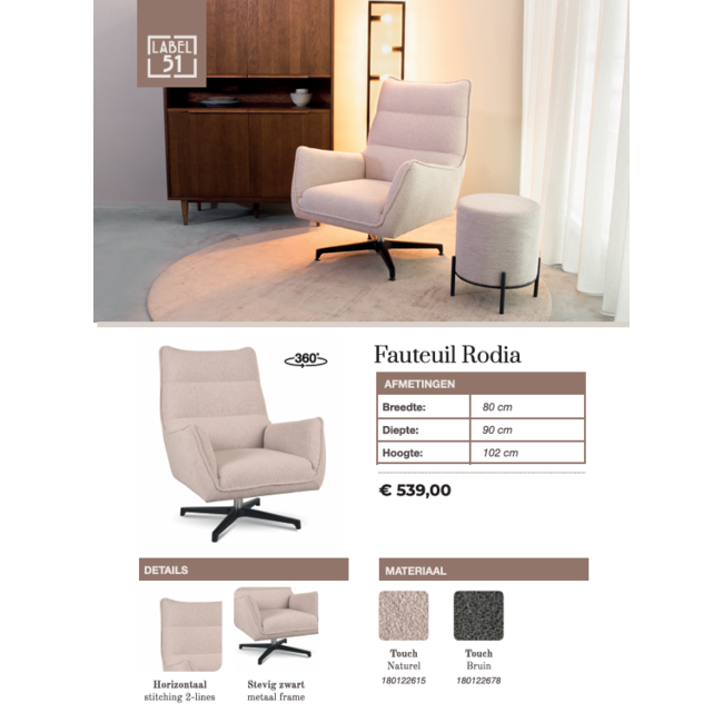 Label51 Draaifauteuil Rodia | Bruin Boucle | Zwart Metaal