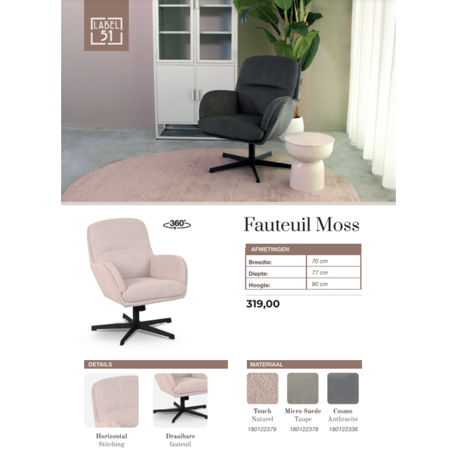 Label51 Draaifauteuil Moss | Antraciet Cosmo | Zwart Metaal