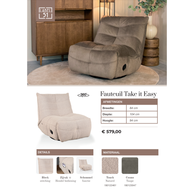 Label51 Relaxfauteuil Take It Easy | Taupe Cosmo | Zwart Metaal