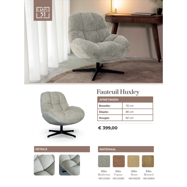 Label51 Draaifauteuil Huxley | Cognac Elite | Zwart Metaal