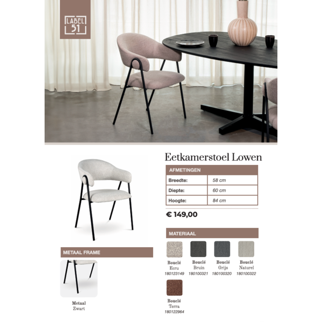 Label51 Eetkamerstoel Lowen | Ecru Boucle | Zwart Metaal